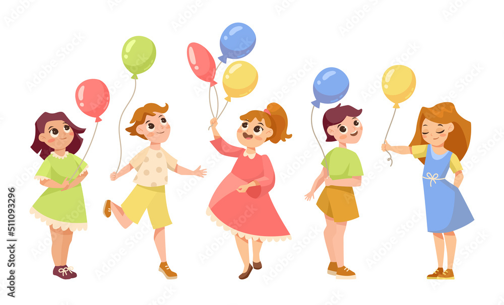 Happy cartoon children with balloons vector illustrations set. Collection of drawings of funny kids holding balloons, birthday party isolated on white background. Celebration, childhood concept Happy cartoon children with balloons vector illustrations set. Collection of drawings of funny kids holding balloons, birthday party isolated on white background. Celebration, childhood concept