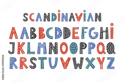 Alphabet in cartoon style. Characters in the Scandinavian style. Cute colorful vector English alphabet, hand-drawn font. Suitable for posters, postcard, label, brochure, leaflet, page, banner, design.