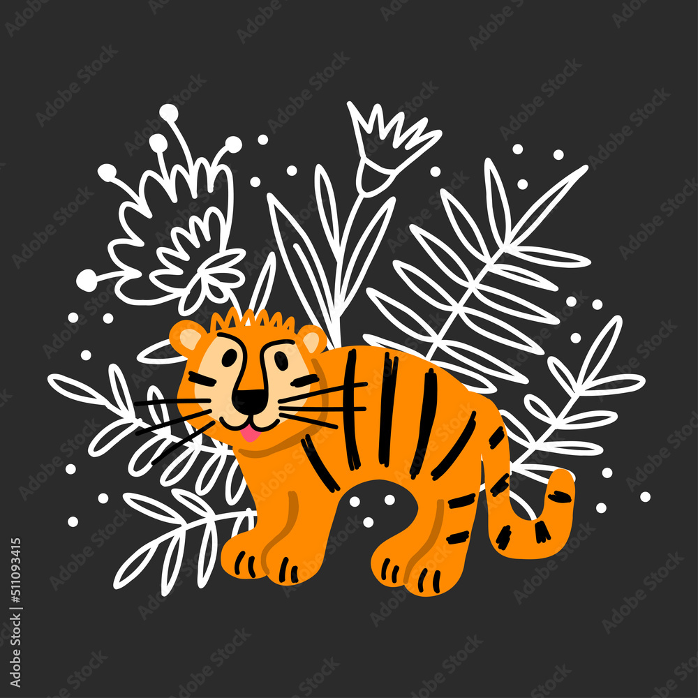 A cute little tiger cub on a background of flowers