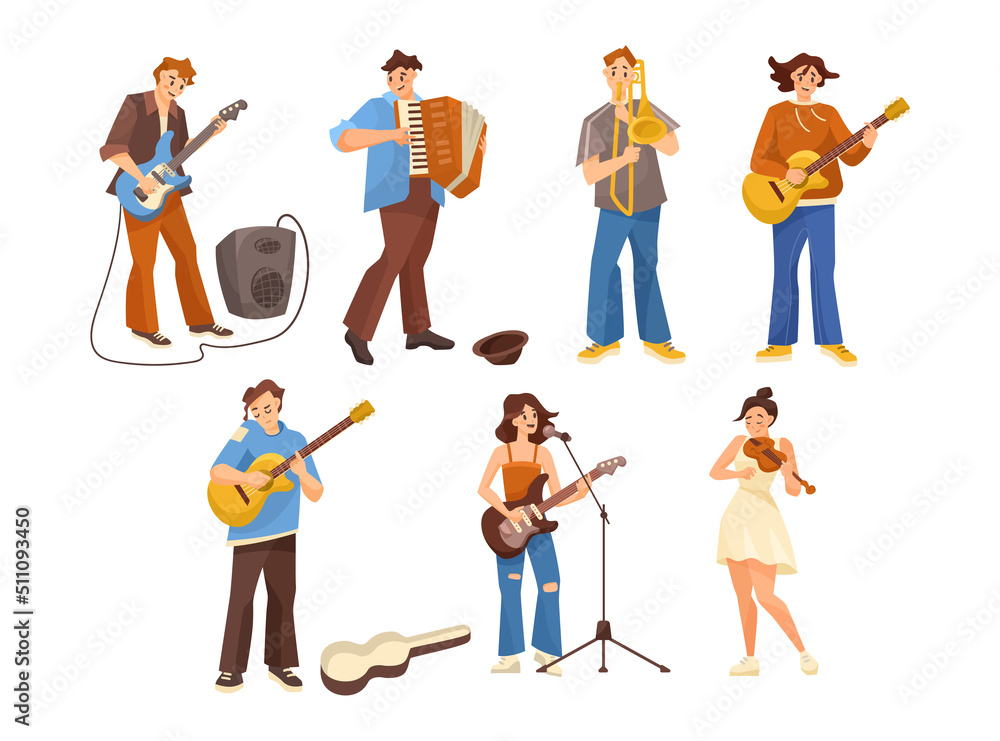 Cartoon musicians performing on street vector illustrations set. People playing electric or acoustic guitar, female and female guitarists, violin player on white background. Music, performance concept