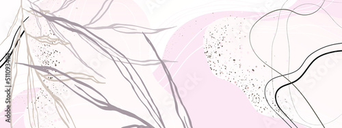Soft pink and beige background in soothing colors with leaves, lines and abstract shapes. Vector illustration for text, banners, wallpapers, background, sales, discounts, promotions, etc.