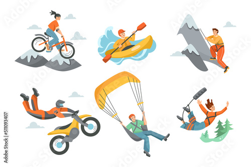 People doing extreme outdoor activities vector illustrations set. Cartoon characters mountain climbing, bungee jumping, biking, cycling isolated on white background. Extreme sports, recreation concept