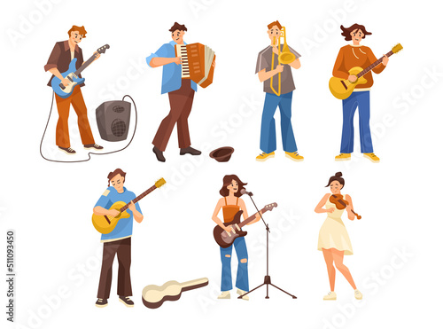 Cartoon musicians performing on street vector illustrations set. People playing electric or acoustic guitar, female and female guitarists, violin player on white background. Music, performance concept