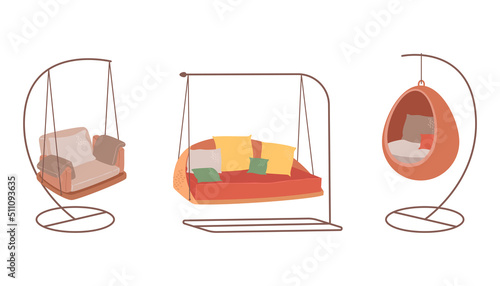 Hanging sofa and armchair set. Stylish object for home, terrace and garden. Porch, swing, luxury furniture vector illustration on white background