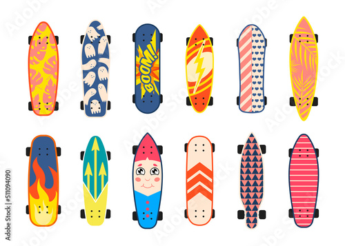 Different skateboard designs. Urban street sport board equipment. Cartoon skateboard vector set. Teenage leisure activity, freestyle concept