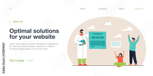 Doctor giving medical certificate to happy children. Tiny man holding paper document flat vector illustration. Healthcare, medicine for kids concept for banner, website design or landing web page