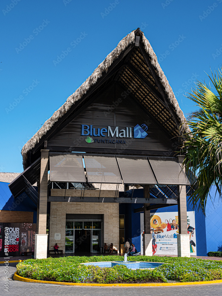 Dominican Republic 19 February 2022 Entrance of shopping centre Blue