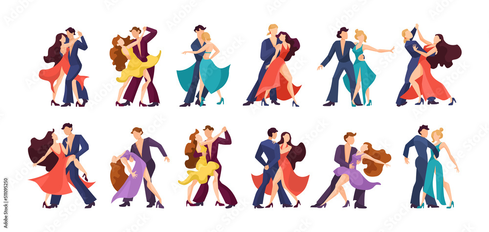 Men and women dancing salsa or bachata vector illustrations set. Collection of couples of male and female Latino or merengue dancers at party or club on white background. Performance, music concept Men and women dancing salsa or bachata vector illustrations set. Collection of couples of male and female Latino or merengue dancers at party or club on white background. Performance, music concept