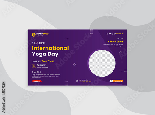 Video thumbnail for International yoga day and web banner template. Promotion banner design for business workshop. Video cover for the yoga day. World yoga day banner design service pro vector.