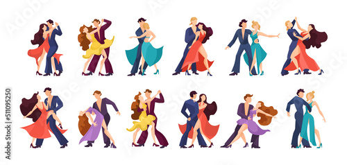 Men and women dancing salsa or bachata vector illustrations set. Collection of couples of male and female Latino or merengue dancers at party or club on white background. Performance  music concept
