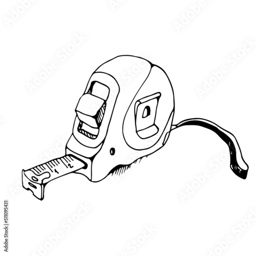 Steel measuring tape, tape measure, roulette, vector hand drawn illustration, isolated on white background