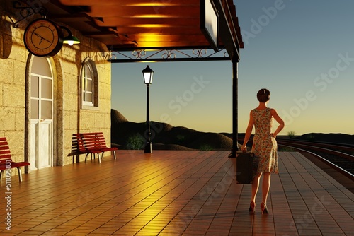 Woman with suitcase waiting for the train at the station. 3D Render