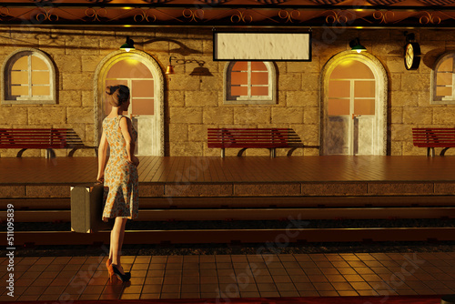 Woman with suitcase waiting for the train at the station. 3D Render