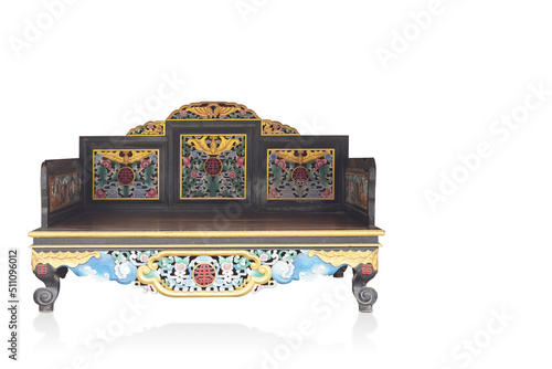 front view antique wooden bench has a backrest on white background, object, accessories, furniture, vintage, old, copy space