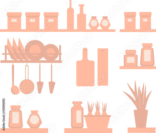 Vector sets with kitchen equipment and tools in beige colors, isolated on white. Boxes, jars with labels, plate, dishes, cutting board, greenery in pot, ladle, colander. Elements for design.