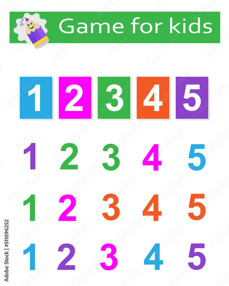 Game for the development of logic for preschool kids. Find a match by color number and card. Preschool worksheet activity. Vector illustration Game for the development of logic for preschool kids. Find a match by color number and card. Preschool worksheet activity. Vector illustration