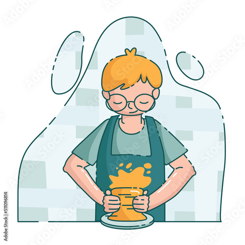 Vector flat illustration little kid make pottery