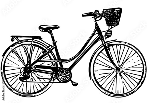 Dutch bicycle, city bike with a basket and a trunk, black and white vector