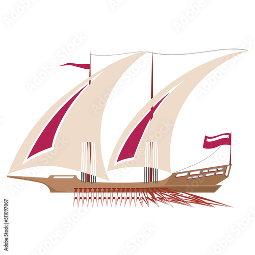 Galley. Big ship with paddles. Flat style. Vector isolated on white background.