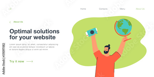 Happy tourist holding passport with airplane ticket and globe. Man ready for vacation flat vector illustration. Time to travel, tourism, cruise concept for banner, website design or landing web page