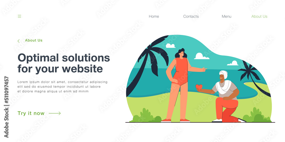 Indian man on one knee offering red heart to blond woman in swimsuit on seashore. Vacation romance flat vector illustration. Love, relationship concept for banner, website design or landing web page Indian man on one knee offering red heart to blond woman in swimsuit on seashore. Vacation romance flat vector illustration. Love, relationship concept for banner, website design or landing web page