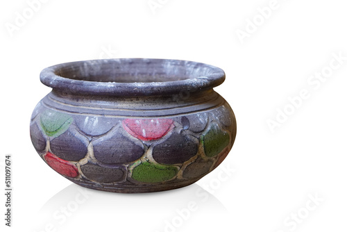 top view old purple and red and green clay pot on white background, retro, vintage, object, copy space