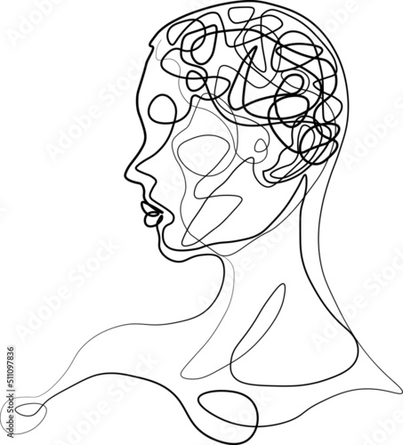 line silhouette of young woman on white illusration. Concept for logo, ptint, psyhology, beauty