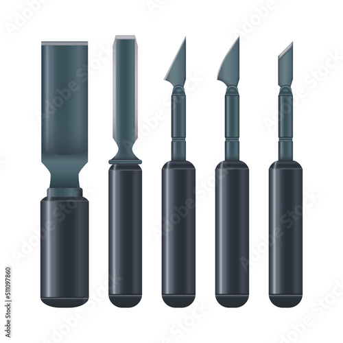 Chisels and scalpels. Wood carving tool set. Vector isolated on white background.