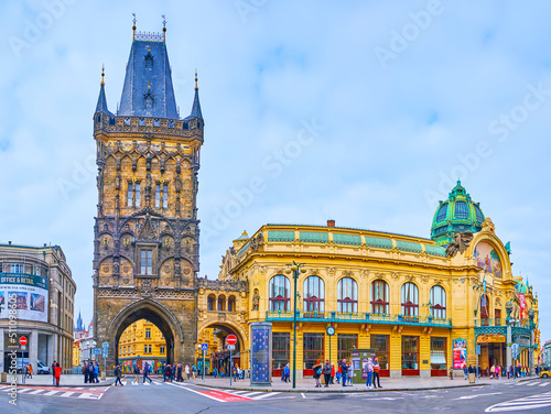 Photography Panoramic view of Municipal House and Powder Tower, Prague, Czech Republic