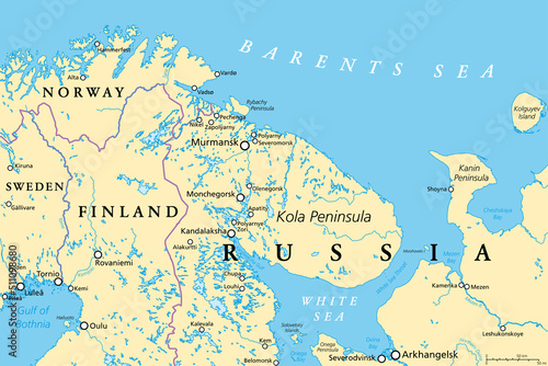 Print op canvas Murmansk Oblast and Kola Peninsula, political map
