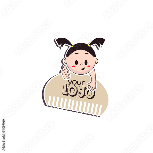 Logo for a children's hairdresser, a girl with ponytails holds a comb