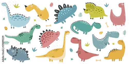 Fototapeta Naklejka Na Ścianę i Meble -  Cute hand drawn kids illustration with dinosaurs in scandinavian style, print, poster. Children's set of funny reptiles, dinosaurs, tyrannosaurs. Color vector illustration.
