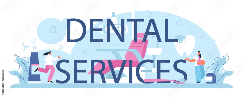 Dental services concept typographic header. Dentist in uniform treating