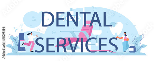 Dental services concept typographic header. Dentist in uniform treating