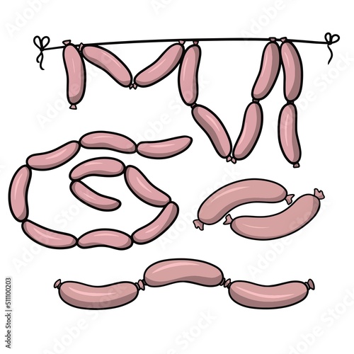 A set of pictures, various delicious pink sausages, vector illustration in cartoon style