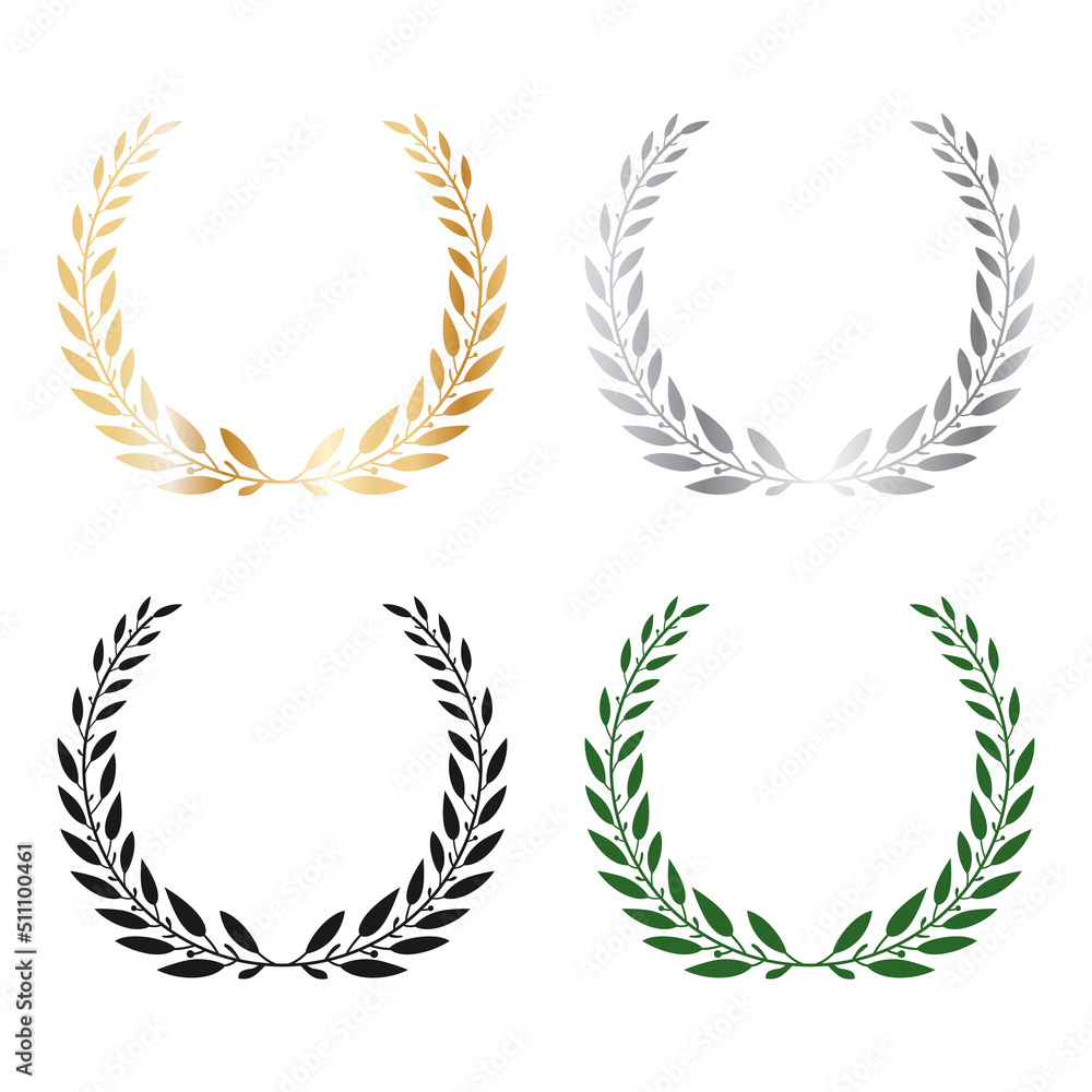 Set of laurel black, gold, silver and green wreaths. Branches in the form of a semicircular. Vector illustration for design. Set of laurel black, gold, silver and green wreaths. Branches in the form of a semicircular. Vector illustration for design.