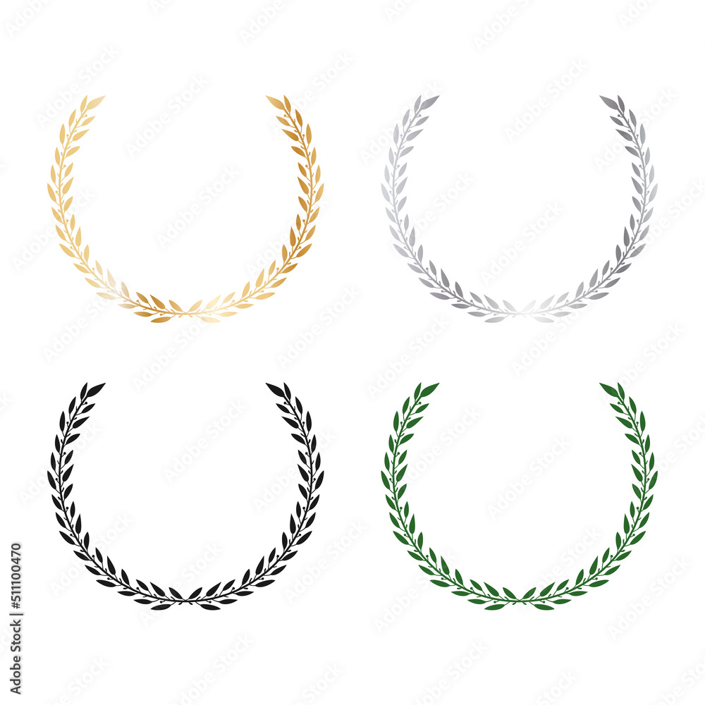 Set of laurel black, gold, silver and green wreaths. Leaves and branches in the form of a semicircular. Vector illustration for design.