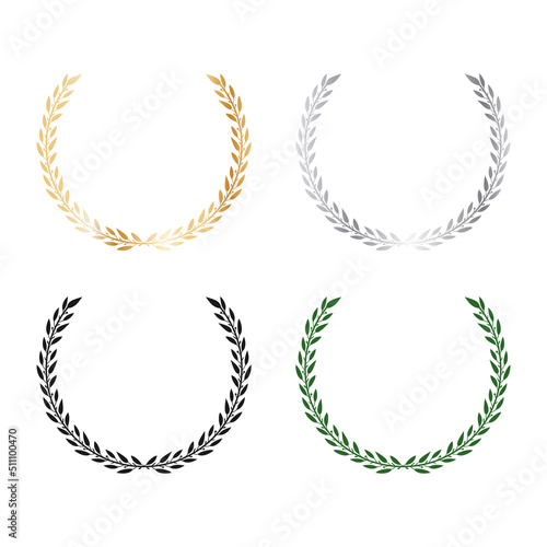 Set of laurel black, gold, silver and green wreaths. Leaves and branches in the form of a semicircular. Vector illustration for design.