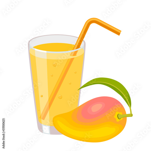 Mango juice in a glass with tube for drinking. Healthy organic  fresh drink icon. Tropical fruit. Vector illustration in flat style isolated on white. Taking natural vitamins. 