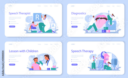 Speech therapist web banner or landing page set. Didactic correction.