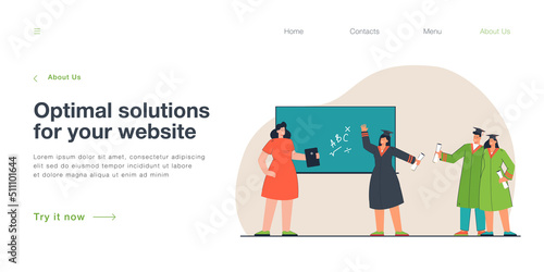 Graduating students and lecturer standing near blackboard. Happy former students visiting their teacher flat vector illustration. Education concept for banner, website design or landing web page