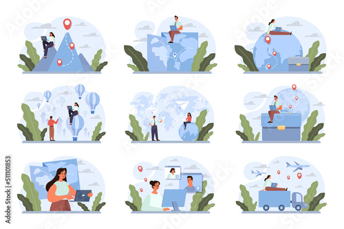 Digital nomad concept set. Freelancer working remotely on the laptop