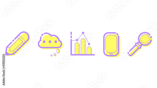 A set of icons including pencil icon, communication cloud, graph or chart or data insight icon, phone, lens