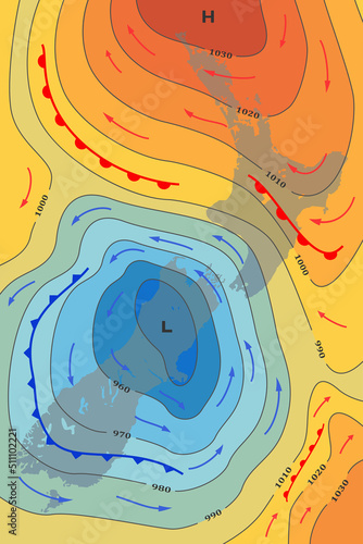 Weather forecast map of New Zealand. Movement of cold front to island. Template of climate map for synoptic prediction with pressure, isobars, temperature, meteorology cyclone, direction wind fronts.