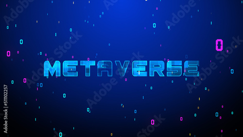 Futuristic Blue Shine Metaverse Text Digital Technology On Blue Purple Yellow Binary Numeral Particles Space Background