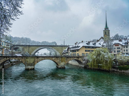 Nydeggbrucke and untertorbrucke bridge and swiss buildings on Aare in Bern, Switzerland © Arnold