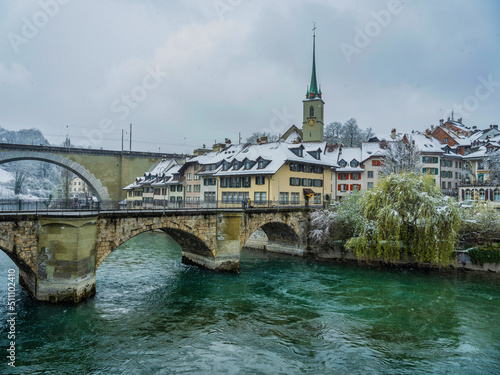 Nydeggbrucke and untertorbrucke bridge and swiss buildings on Aare in Bern, Switzerland