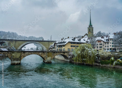Bridges and swiss buildings on Aare in Bern, Switzerland