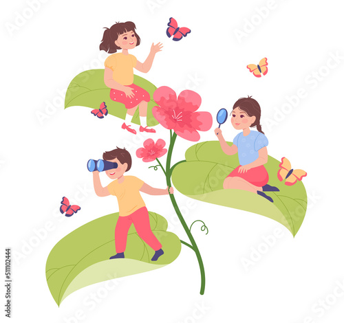 Happy children exploring nature. Preschool boy and girls looking at plants and butterflies. Childhood, nature, learning, curiosity concept for website or landing page