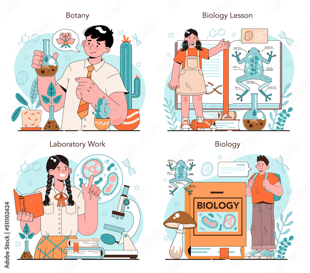 Fototapeta premium Biology school subject concept set. Students exploring nature